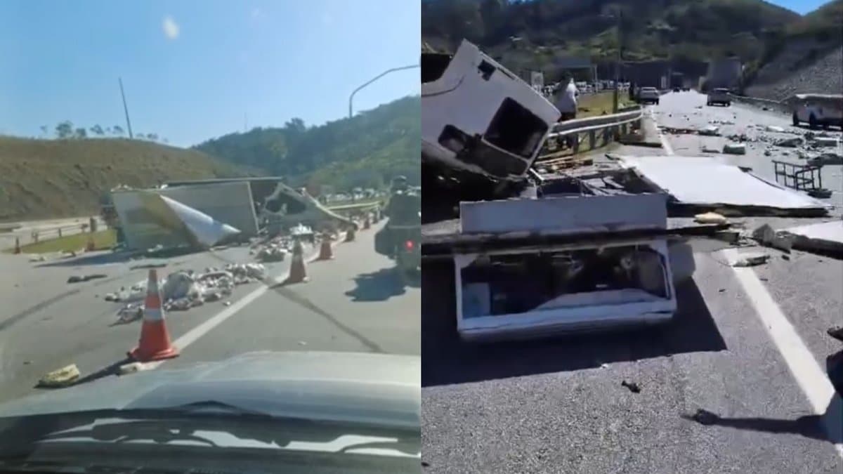 Cabine de caminhão destruída e carga espalhada na BR-101 após acidente no Contorno Viário, em Palhoça