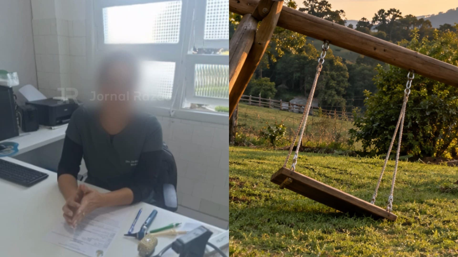 Balanço de madeira em área rural e médica com rosto desfocado em hospital de Alfredo Wagner