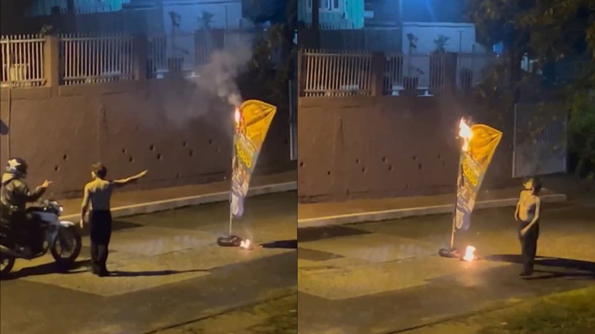 Bêbado é flagrado ateando fogo em “wind-banner” de político e xingando mulher em Brusque