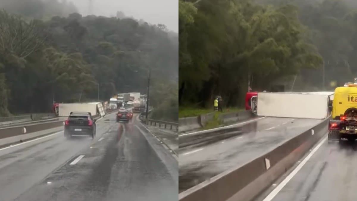 “A bruxa tá solta”: carreta tomba e bloqueia o Morro dos Cavalos, na Grande Florianópolis