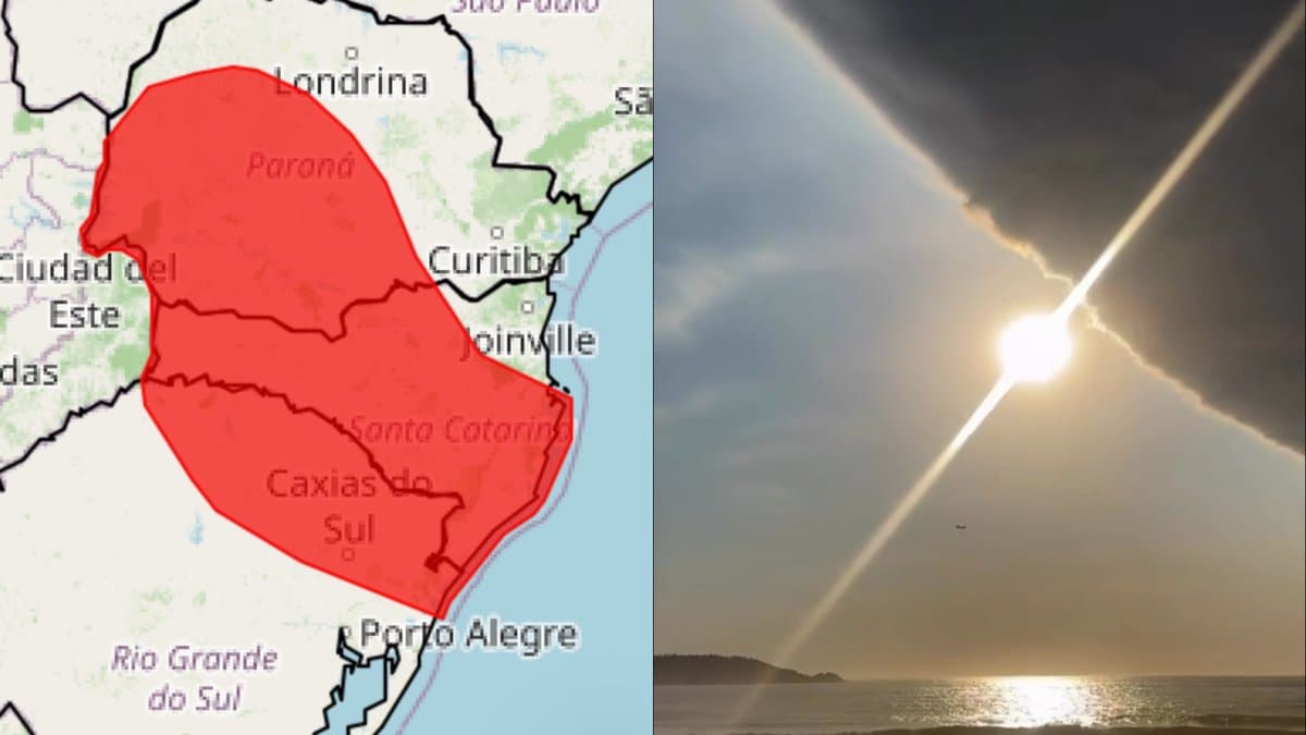 Mapa do alerta de grande perigo do Inmet sobre o Sul do Brasil e nuvem sobre o mar no Morro das Pedras, em Florianópolis