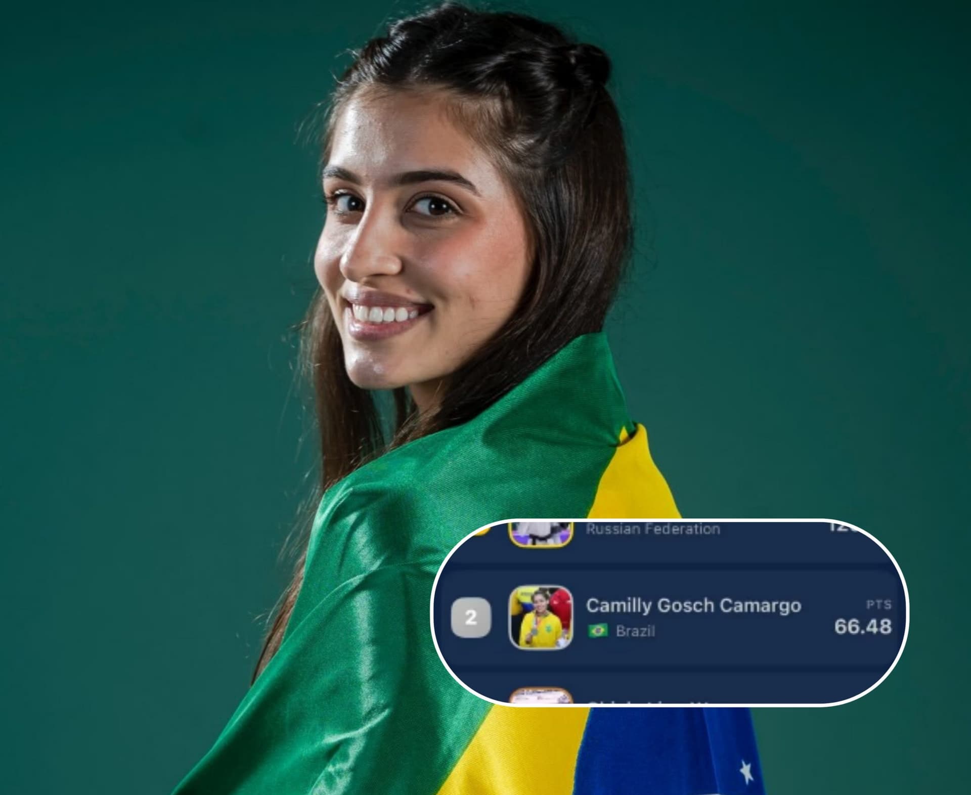Atleta catarinense de taekwondo Camilly Gosch enrolada na bandeira do Brasil ao lado do ranking mundial que a aponta em segundo lugar