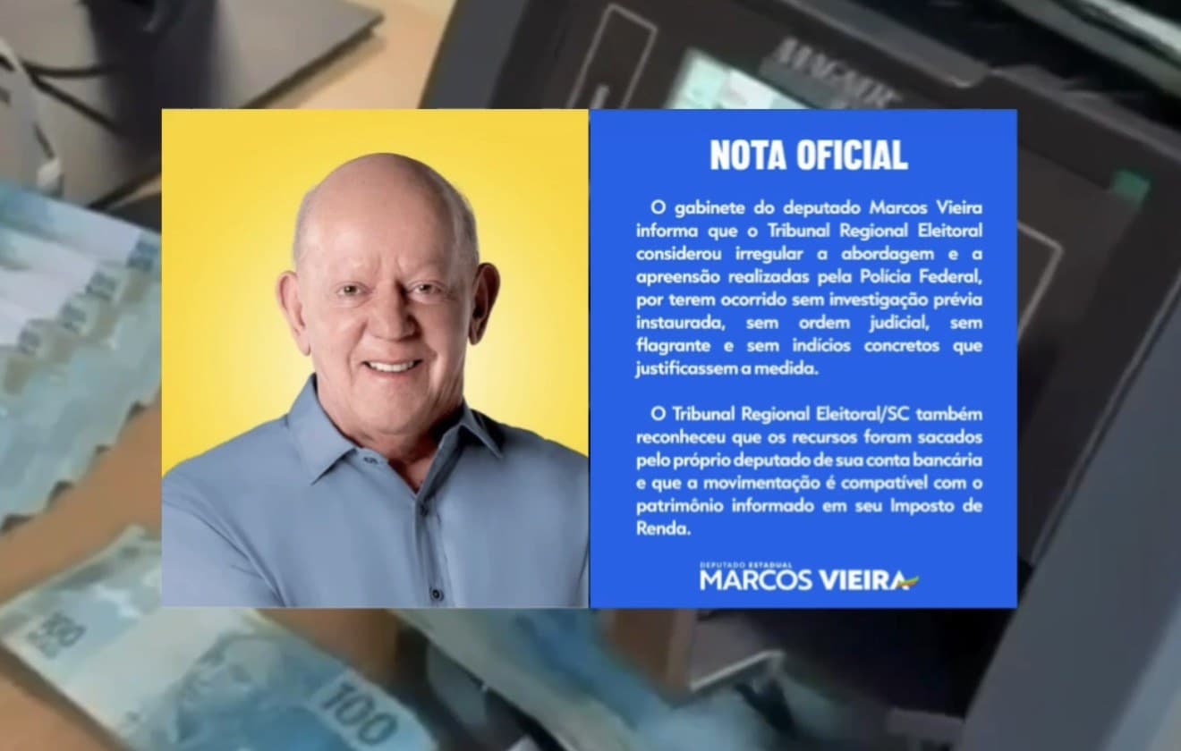 Deputado estadual Marcos Vieira e a nota oficial do gabinete sobre a apreensão de R$ 500 mil pela Polícia Federal