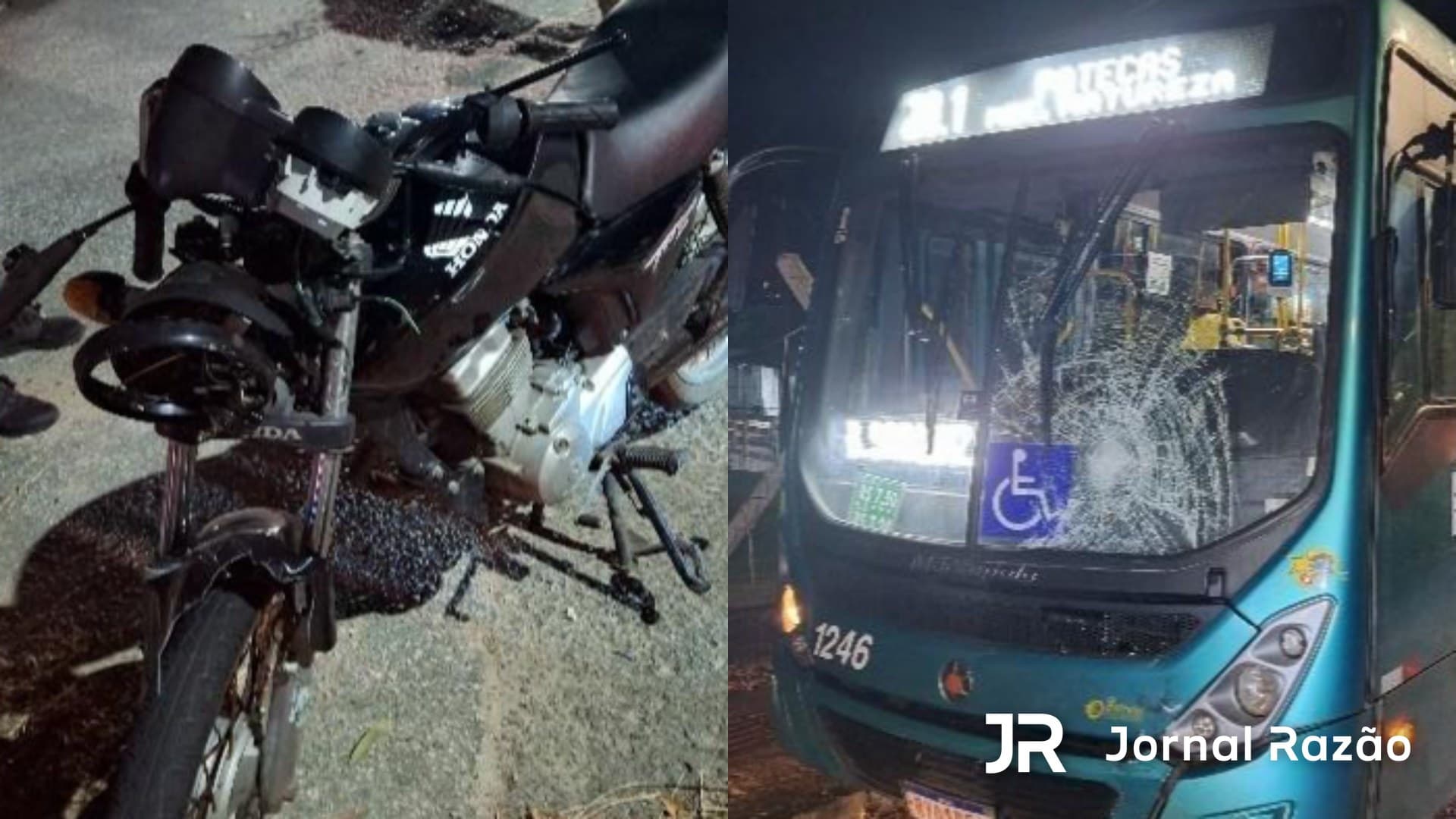 Moto destruída e ônibus com para-brisa quebrado após acidente no Real Parque, em São José
