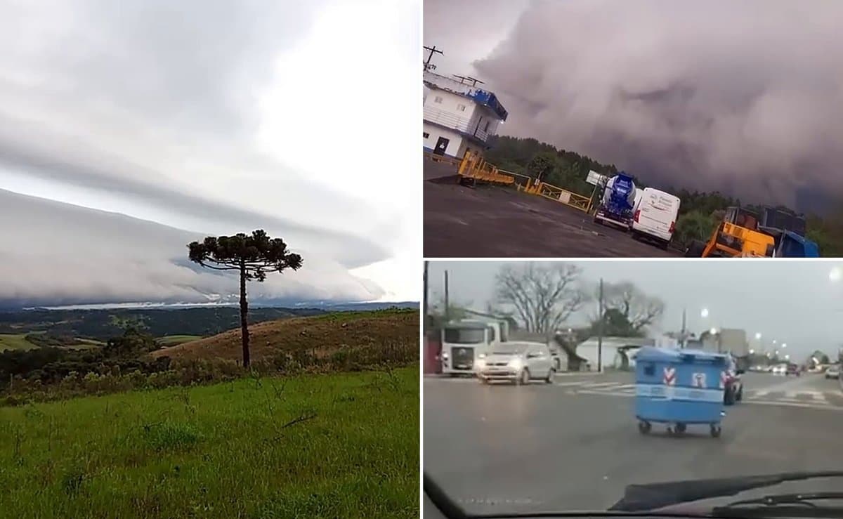 Nuvem gigante ‘engole’ o céu e ventania arrasta contêiner de lixo pela avenida em SC