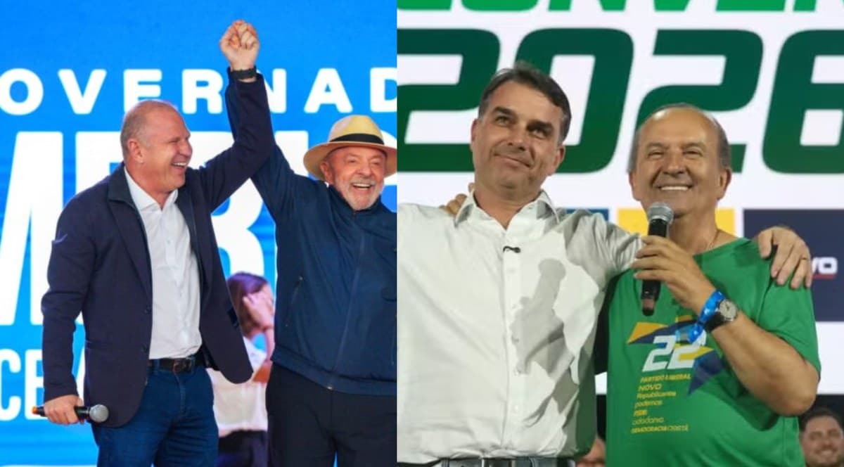 Gelson Merísio e Lula em ato de campanha; Flávio Bolsonaro e Jorginho Mello em convenção do PL