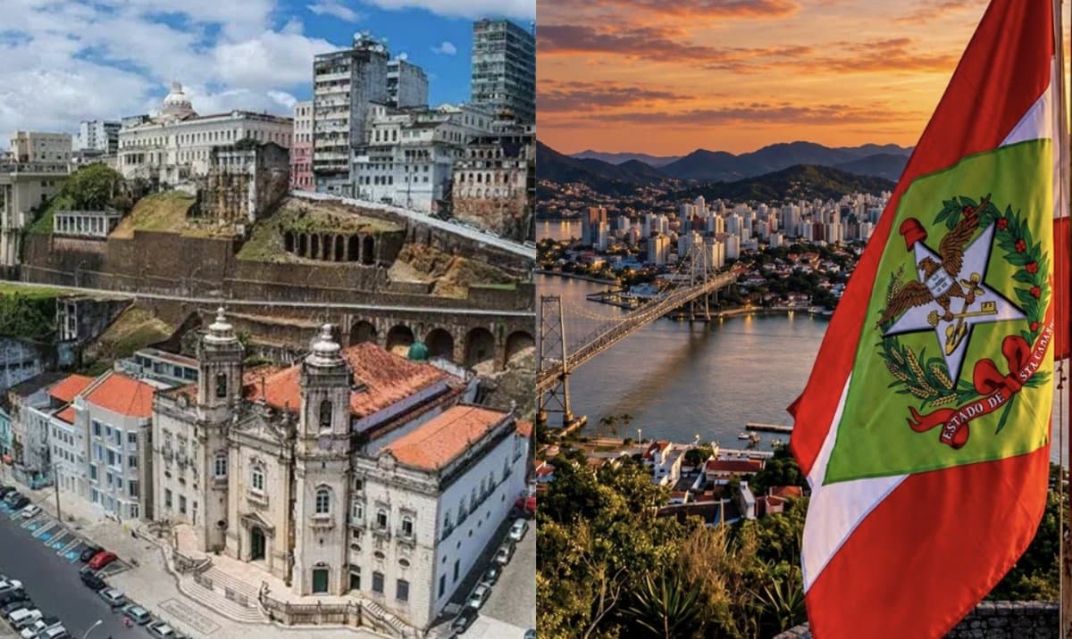 Centro histórico de Salvador, na Bahia, e bandeira de Santa Catarina com a Ponte Hercílio Luz ao fundo