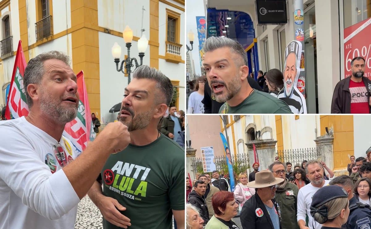 Bruno Souza leva placa de Lula presidiário à Esquina Democrática e confusão com petistas mobiliza a Guarda