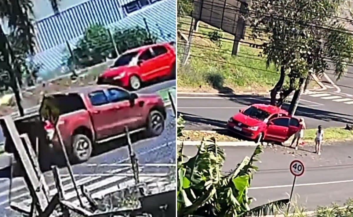 Carro desce ladeira de ré e só para ao bater em árvore no canteiro central em Santa Catarina