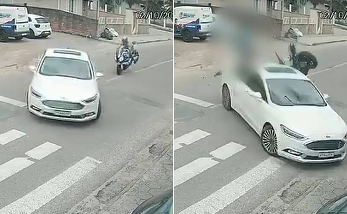 Outro ângulo mostra que carro já fazia a conversão à esquerda quando moto bateu em Santa Catarina
