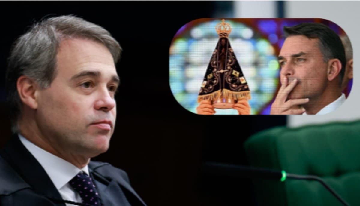 Ministro André Mendonça, imagem de Nossa Senhora Aparecida e Flávio Bolsonaro